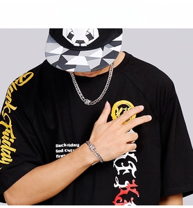 Hip-hop style chunky silver stainless steel Cuban necklace and bracelet set for men