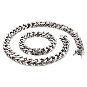 Men Cuban Link Chain Necklace And Bracelet Stainless Steel Rhinestone Hip Hop Streetwear Jewelry