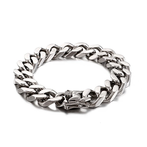 Men's silver stainless steel Cuban link bracelet with diamond detail on clasp