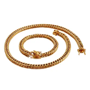 Cuban Link Chain Necklace And Bracelet Stainless Steel 18K Gold Plated Heavy Dragon Clasp Hip Hop Punk Jewelry For Men