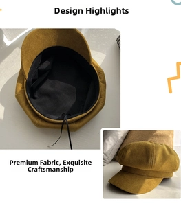 Close-up of mustard yellow newsboy hat with adjustable drawstring and black lining