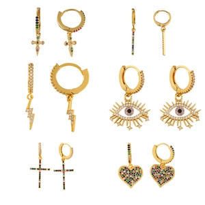 Detailed set of six gold-plated cross and heart earrings with colorful zircon stones