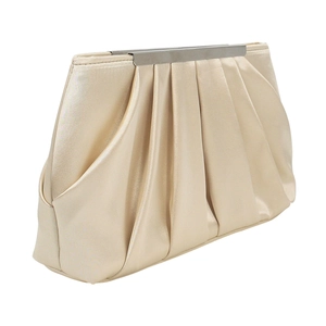 Detailed view of the pleated champagne satin fabric and silver clasp on the evening clutch