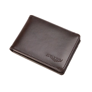Men's dark brown short bifold PU leather wallet with textured grain and stitching