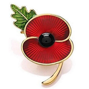 Red poppy flower enamel brooch with green leaves and gold metal plating on white background