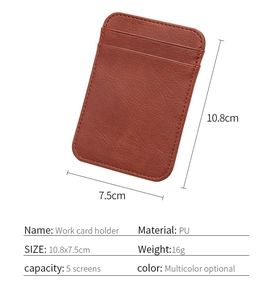 Detailed view of brown PU leather vertical card holder with size and weight specifications