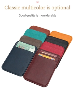 Professional fan-shaped display of slim leather card holders in various classic colors