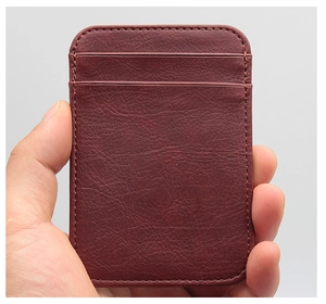 Close-up of wine red PU leather card holder showing multi-slot design and lychee texture