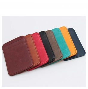 Detailed view of ultra-thin business card holders in 8 colors with premium PU leather texture