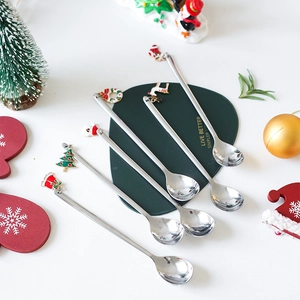 Creative Christmas stainless steel spoon set with festive ornaments for coffee stirring