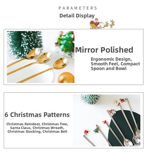 Detailed view of mirror-polished stainless steel Christmas coffee spoons with festive charms