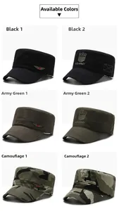 Detail view of military flat top caps in black, army green and camouflage patterns