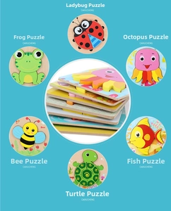 Detail of 3D wooden animal puzzles with thick layers and rounded edges for kids