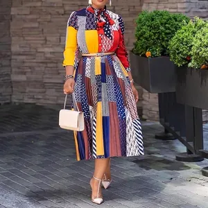 African print pleated midi dress with bow neck and belted waist for women