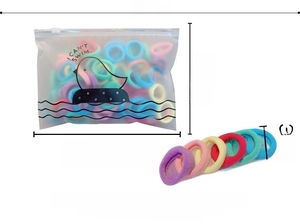 Tabella taglie di elastici colorati per capelli con sacchetto 20,5x14cm e anello 3cm