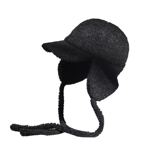 Women's black lamb wool baseball hat with earflaps and chin straps for winter warmth