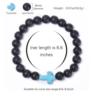 Lava stone bead bracelet with turquoise cross charm, 8mm natural stones for meditation
