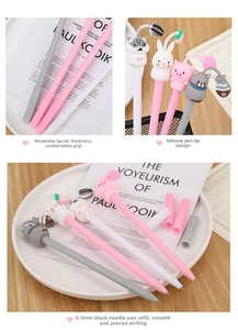 Detailed views of 0.5mm animal gel pens showing the soft silicone tops and ergonomic grip