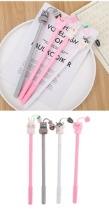 Detail of four cartoon animal gel pens featuring 3D silicone cat and rabbit figures
