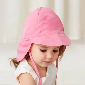Detail of pink summer baby sun hat showing wide brim and breathable neck protection flap