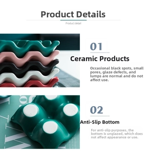 Detail of ceramic egg holder showing stackable wavy texture and anti-slip base design