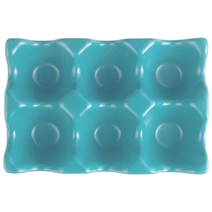 Turquoise ceramic egg tray with 6 slots and wavy edges for kitchen storage
