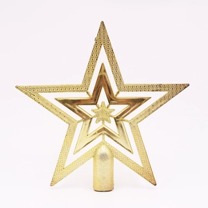 Detailed view of the layered gold glitter star topper with a sturdy base for Christmas trees