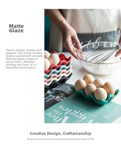 Detail of 6-slot ceramic egg tray with matte finish in various vibrant colors