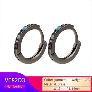 Detailed view of gunmetal brass earrings with colorful stones, size 13mm by 14mm