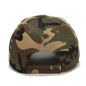 Rear view of camouflage baseball cap showing adjustable velcro strap and stitching details