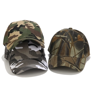 Three assorted camouflage baseball caps for outdoor use with adjustable curved brims