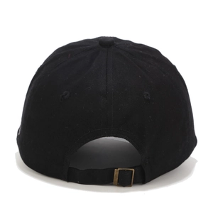 Rear view of black baseball cap showing adjustable strap and bronze metal buckle detail