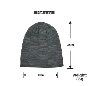 Grey knitted beanie dimensions 28cm height 22cm width weight 85g with wave texture