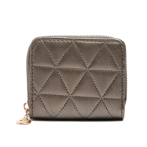 Detail of metallic grey quilted mini wallet featuring heart pendant and gold zipper