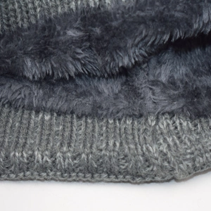 Detail of the thick grey faux fur lining and knit texture of the thermal winter hat