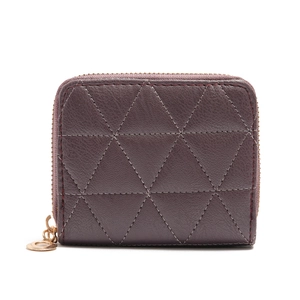 Close-up of dark purple PU leather wallet with diamond stitching and gold zipper detail