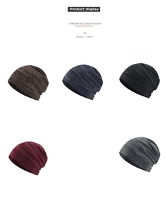 Detailed view of knitted beanies in five colors showing ribbed texture and winter style