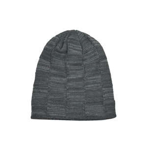 Detail shot of dark grey winter beanie showing thick knit texture and fleece lining