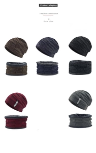 Detail showing winter knit hat and neck warmer sets in five colors with thick fleece lining