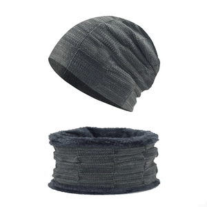 Winter knitted beanie and neck warmer set with warm fleece lining in dark grey color