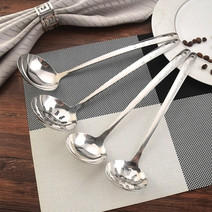 Set of four heavy stainless steel soup ladles and colanders with leaf pattern handles