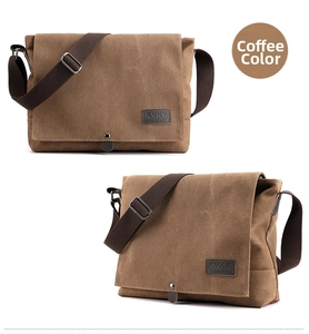 Detail view of the coffee canvas messenger bag with brand logo and metal buckle