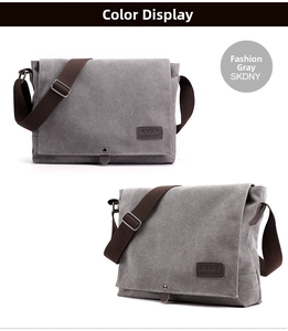 Detailed close-up of gray canvas messenger bag featuring vintage leather brand label