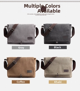 Detailed grid view of canvas messenger bags in grey, black, coffee, and khaki colors