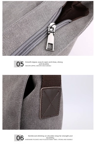 Detail of smooth silver zipper and reinforced X-shaped stitching on gray canvas shoulder bag