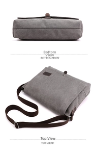 Detailed views of the khaki canvas messenger bag showing the bottom and side profile