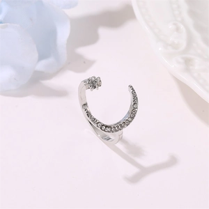 Anello aperto regolabile con luna e stella e scintillanti zirconi in colore argento