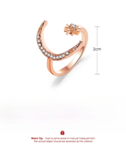 Scheda tecnica dettagliata per anello stella e luna oro rosa con dimensioni di 2 cm altezza