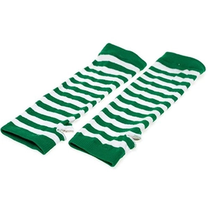 Detail of green and white striped fingerless long knit gloves with soft texture