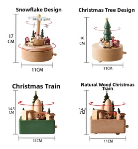 Detailed size chart for four Christmas wooden music boxes with snowman and reindeer